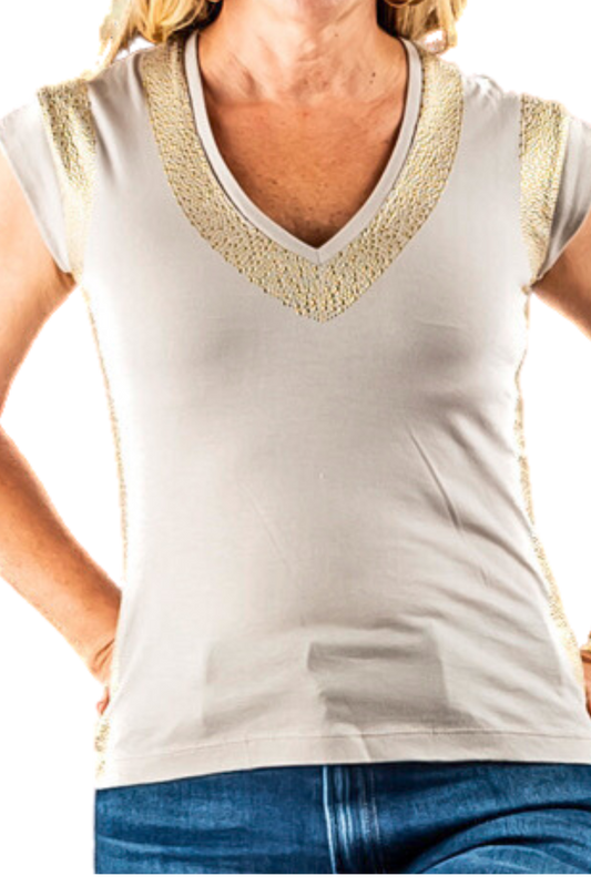 Nancy Cap Sleeve V-Neck T-Shirt with Metal Nailheads